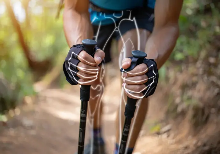 A close-up of a hiker's hands on trekking poles, visually representing the science behind correct pole length and its impact on joint health.