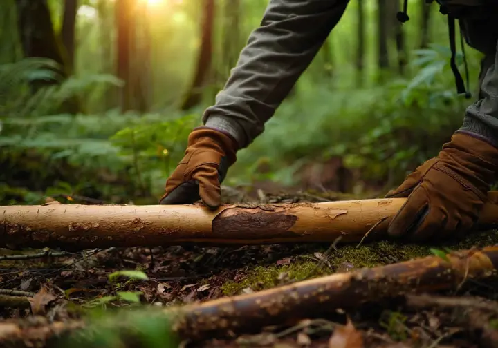 A hiker's gloved hands examine a fallen, dead tree branch on a forest floor, demonstrating responsible sourcing for crafting a hiking stick.