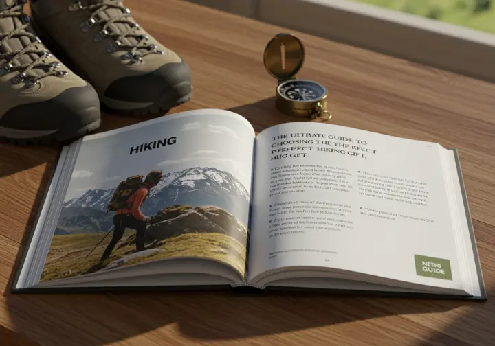 Open hiking gift guide book titled "The Ultimate Guide to Choosing the Perfect Hiking Gift," with boots and compass props.