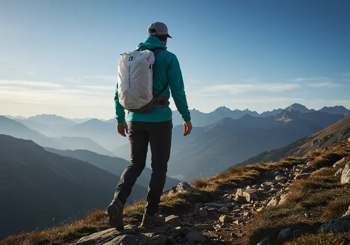 Hiker on a scenic mountain trail embodying the ultralight backpacking movement with minimal gear.