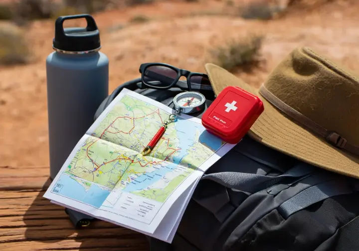 A hiking backpack with essential gear and a map for planning a Valley of Fire hike.