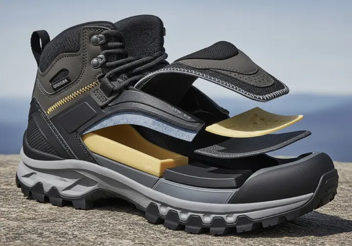 A detailed, deconstructed view of a hiking boot, revealing its internal components like the upper, midsole, and outsole, highlighting its technology.