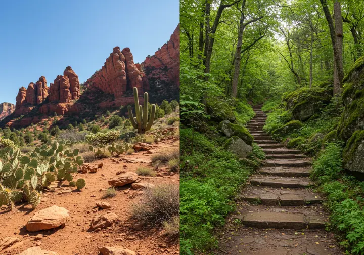 Split image of Bear Mountain trails: Sedona desert terrain vs. New York forest terrain, two different landscapes.