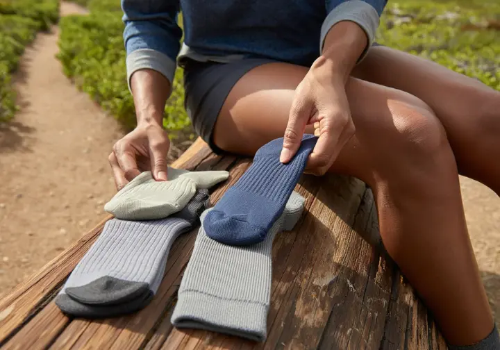 A hiker thoughtfully selects from different hiking socks on a trail, demonstrating the strategic selection process for hiking socks.
