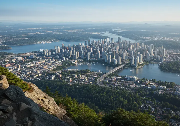 Panoramic city view of Vancouver from a hiking trail, showcasing urban hikes near Vancouver.