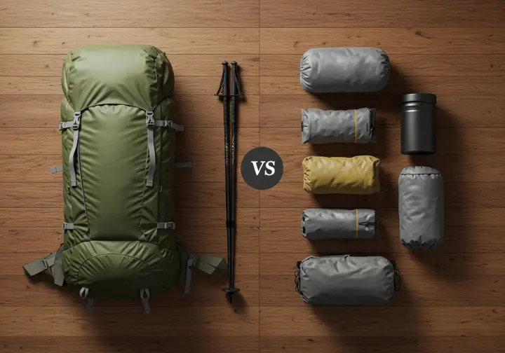 Side-by-side comparison of traditional heavy backpacking gear versus lightweight backpacking gear.