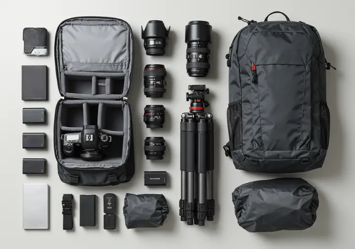 Flat lay of essential backpacking camera gear: backpack, DSLR camera, lenses, and accessories.