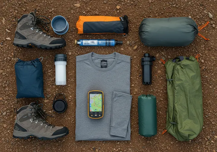 Overhead view of essential hiking gear on dirt trail: boots, merino shirt, GPS, water filter, camping tent.