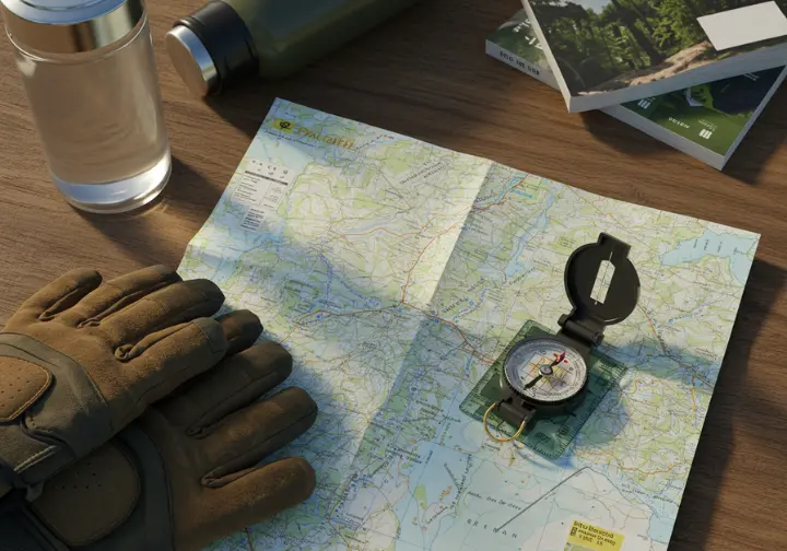 Map, compass, and hiking gloves flat lay, symbolizing foundational skills for hiking.