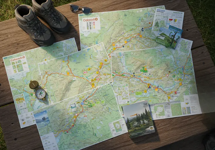 Flat lay of hand-picked Colorado hiking trail maps, compass, boots, for best family hiking adventures.