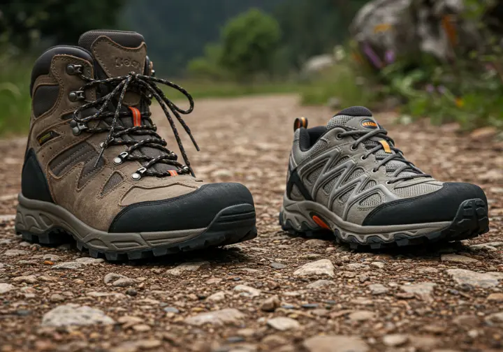 Hiking footwear foundation for success: side-by-side comparison of hiking boots and shoes on a rocky trail.