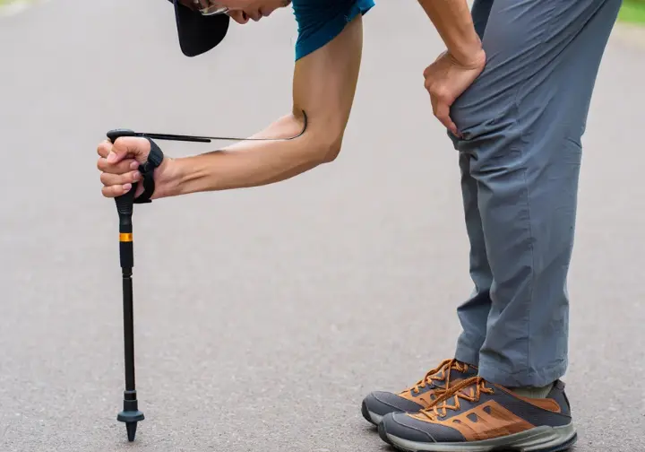 A hiker demonstrates the 90-degree rule for finding the correct base length for hiking poles.