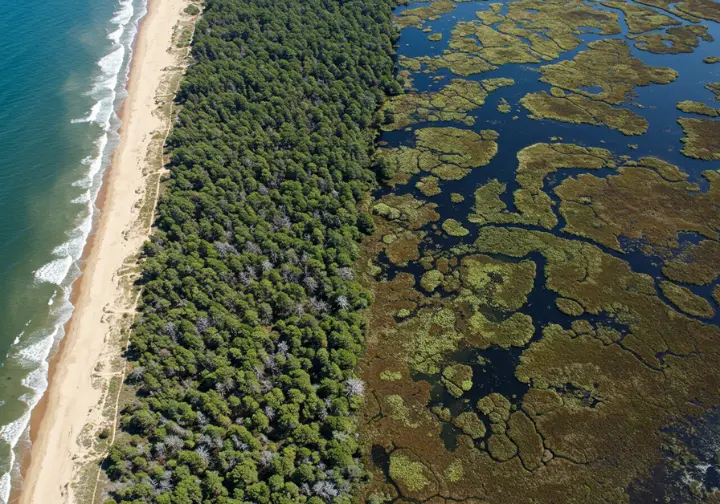 Aerial view of Long Island's diverse ecosystems: coastline, pine barrens, and freshwater wetlands.