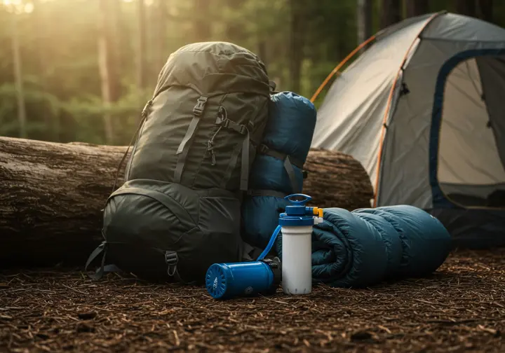 The "Big Four" thru-hiking gear: backpack, tent, sleeping bag, water filter, symbolizing gear mastery.