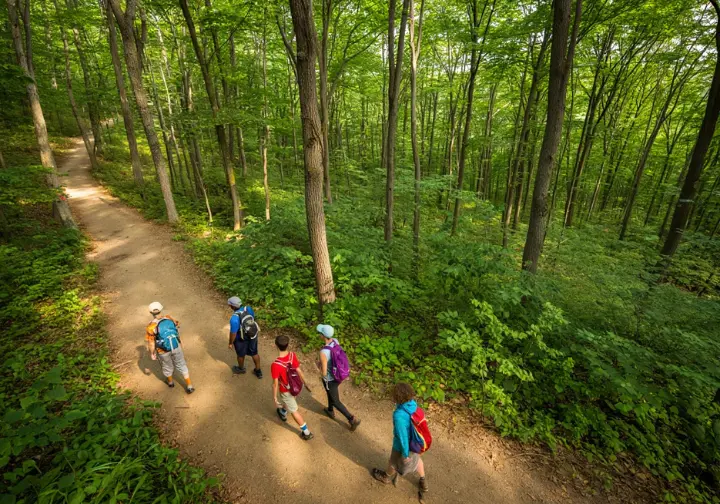 A diverse group of hikers on a winding trail in Minnewaska State Park Preserve, representing a comprehensive guide to its hiking trails.
