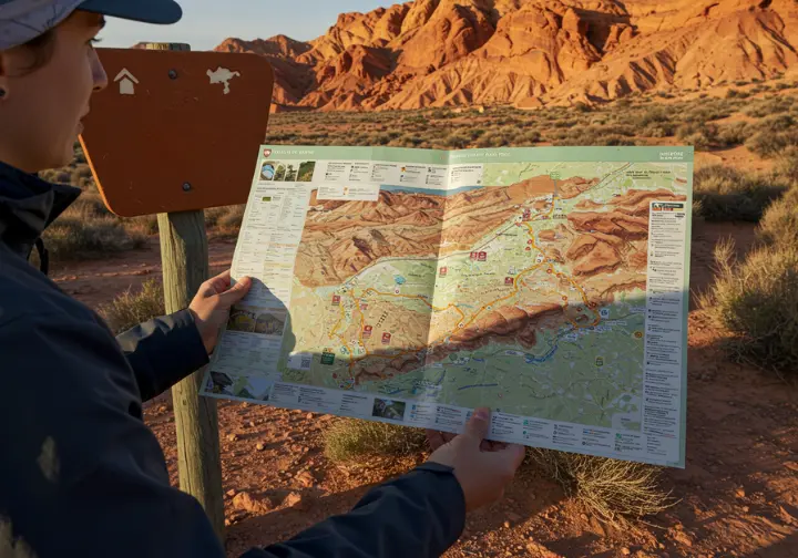 Hiker planning a Valley of Fire adventure with a detailed park trail map.