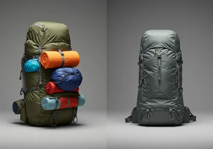 Understanding ultralight backpacking principles: a visual comparison of a heavy traditional pack versus a streamlined ultralight pack.