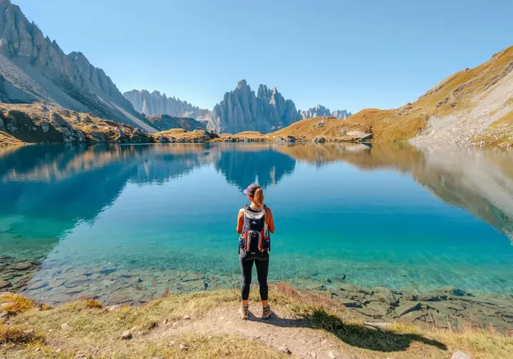 A hiker stands at the edge of a stunning turquoise alpine lake with mountain reflections, embodying the sweet spot of effort and reward in Vancouver's best moderate hikes.