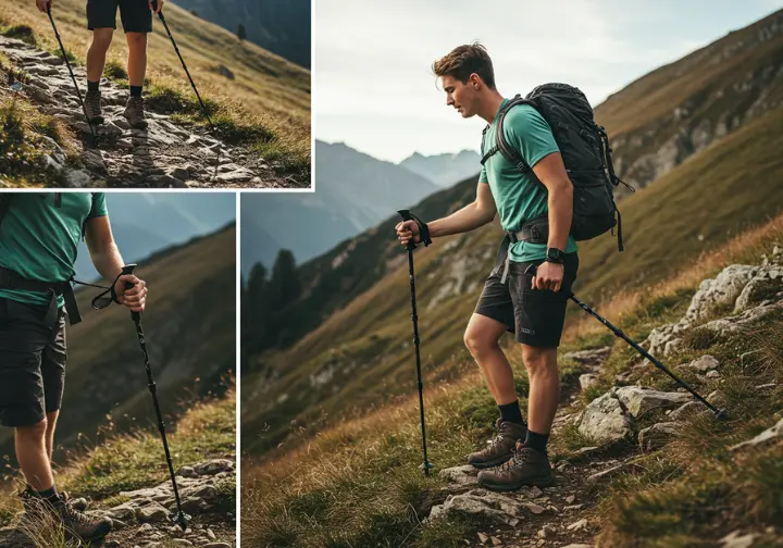 Adjusting trekking pole length for different terrains: uphill, downhill, and slopes.