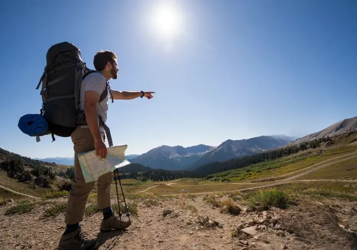 A self-reliant hiker with a backpack and map stands at a remote Colorado trailhead, embodying a DIY hiking guide.