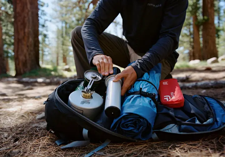 A hiker meticulously organizes smaller essential gear items, demonstrating the comprehensive equipping process beyond the "Big Four" for lightweight backpacking.