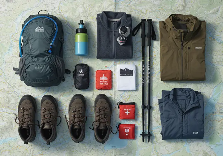 Flat lay of essential hiking gear for Bear Mountain: hydration pack, boots, poles, layered clothing, first-aid.