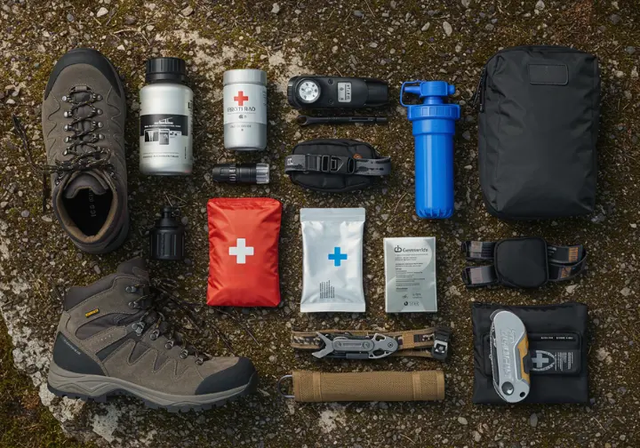 Flat lay of essential hiking gear and safety items: boots, first-aid kit, water filter, headlamp, multi-tool.