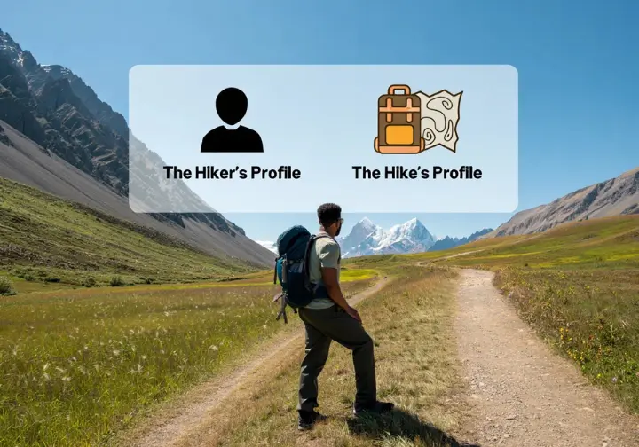 A hiker stands at a trail crossroads, contemplating their personal profile and the demands of their adventure to decide what shoes to wear when hiking.