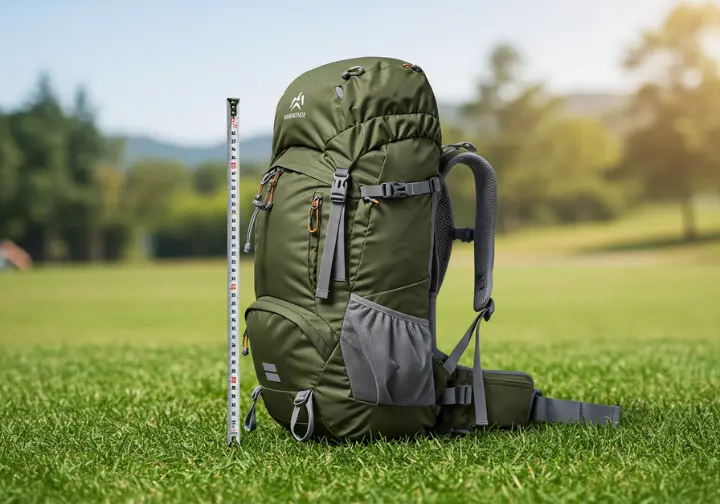 Hiking backpack comfort and capacity: day hike backpack standing on grass, highlighting adjustable straps and size.