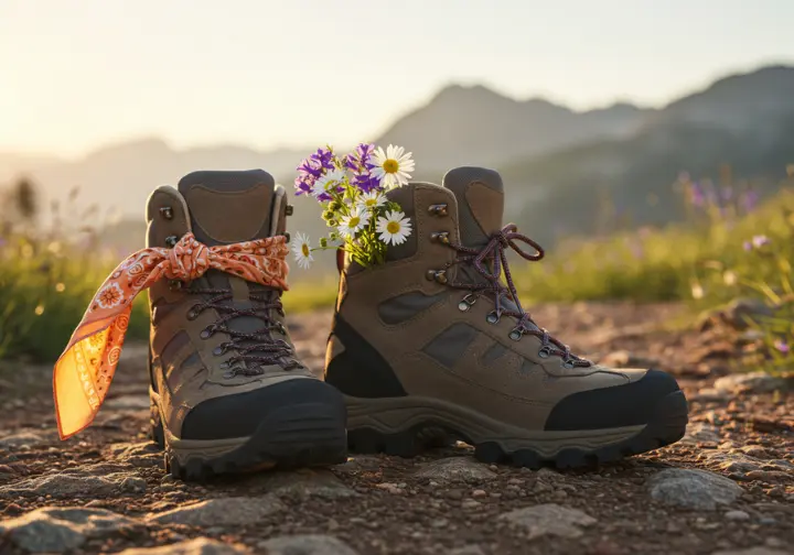 Women's hiking boots on rocky trail with wildflowers and bandana, representing practicality and passion in hiking gifts.