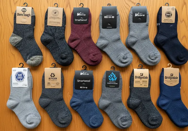A display of various premium hiking sock brands, representing the brand landscape and conscientious choices in hiking socks.