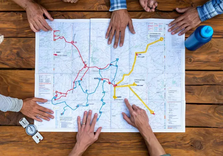 A topographical map of the Appalachian Trail displays different hiking strategies, including NOBO, SOBO, and Flip-Flop routes, to help hikers choose a plan for their timeline.