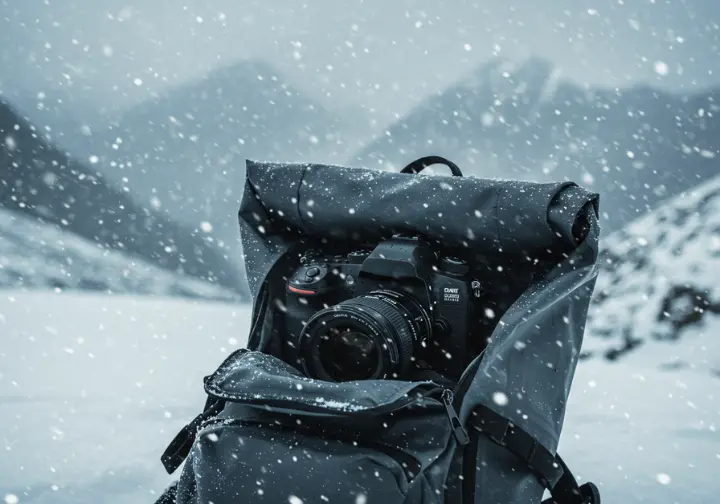 Waterproof backpack protecting camera in snowy, high-altitude environment, showcasing environmental adaptations.