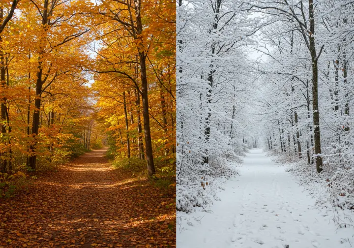 Split image of Minnewaska trails in autumn and winter, showcasing seasonal spectacles.