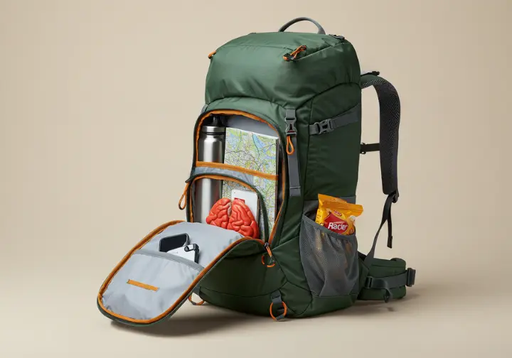 Packing a hiking backpack for easy accessibility of essential items.