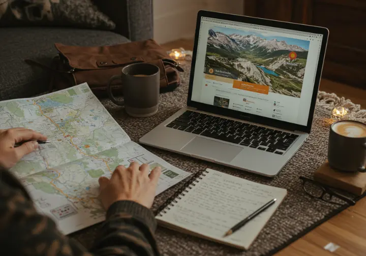 Person planning Colorado hiking adventure with laptop, map, and notebook, planning beyond trailhead.