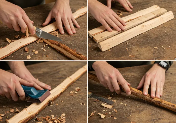 Preparing the wood for making a DIY hiking stick.