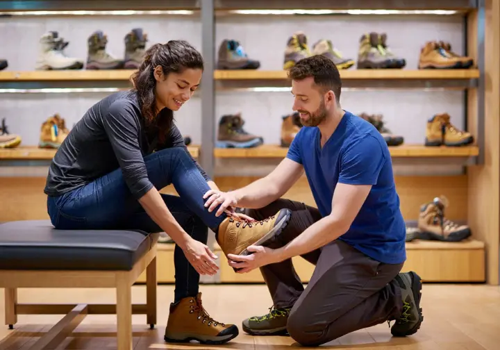 A hiker trying on a boot in an outdoor gear store with assistance from a sales associate, demonstrating the step-by-step guide to achieving a perfect hiking boot fit.