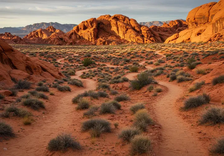 Photograph of diverse hiking trails in Valley of Fire, highlighting red rock scenery.