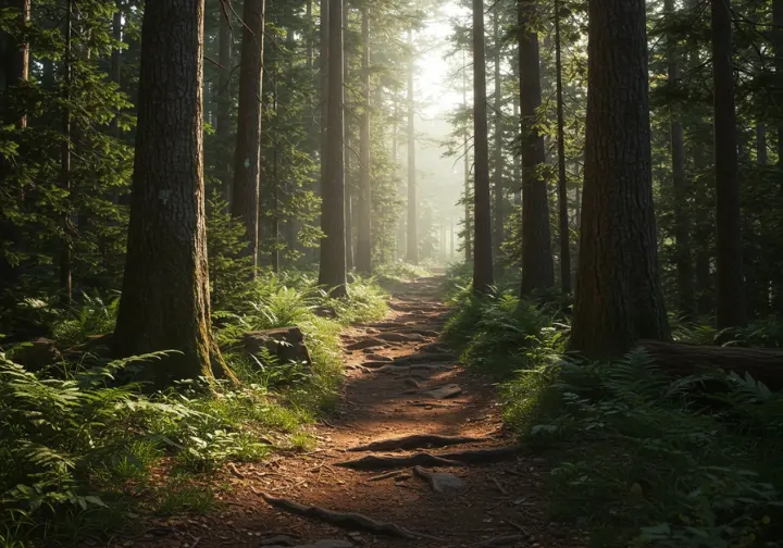 Rugged hiking trail deep in a dense forest, representing wild trail adventures near Vancouver.