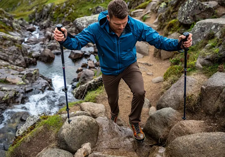 A hiker employs advanced hiking pole techniques in a technical situation, like crossing a stream or ascending a rock step.