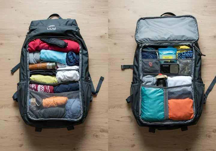 Backpack organization and efficiency for a well-packed bag.