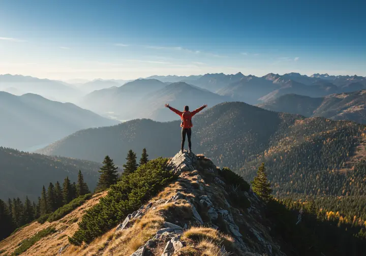 Person on mountain peak enjoying panoramic view, symbolizing the benefits of hiking.