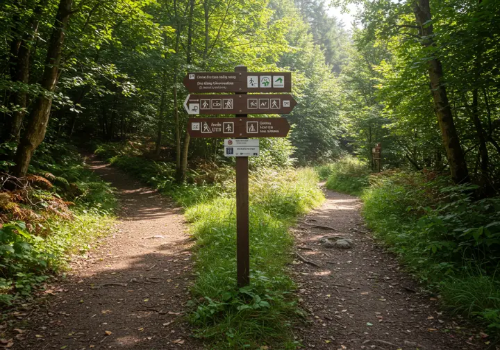 Trail sign showing accessible and difficult hiking paths, illustrating hike accessibility and difficulty near Vancouver.