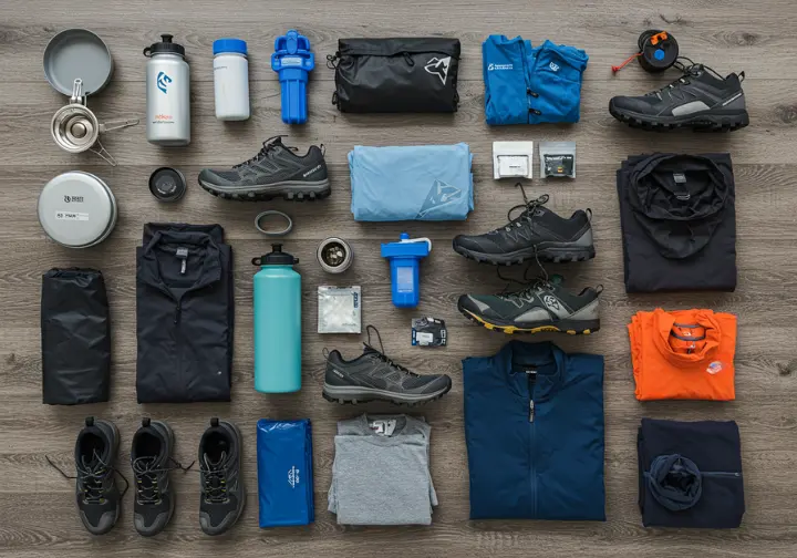 Essential gear categories for lightweight backpacking: cooking, hydration, footwear, and clothing.
