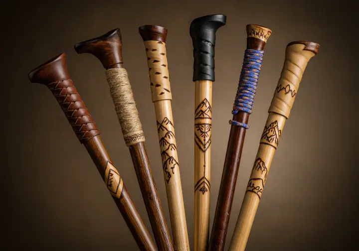 Customizing a hiking stick with grips and decorative elements.