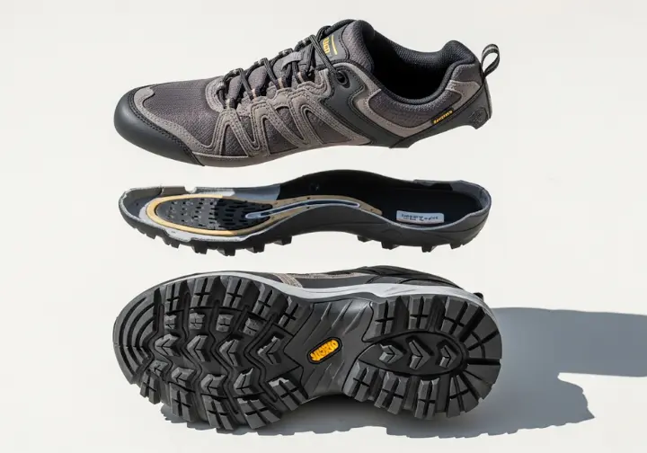 Disassembled components of a hiking shoe, including the upper, midsole, and outsole, are laid out to illustrate its anatomy and key technologies for choosing what shoes to wear when hiking.