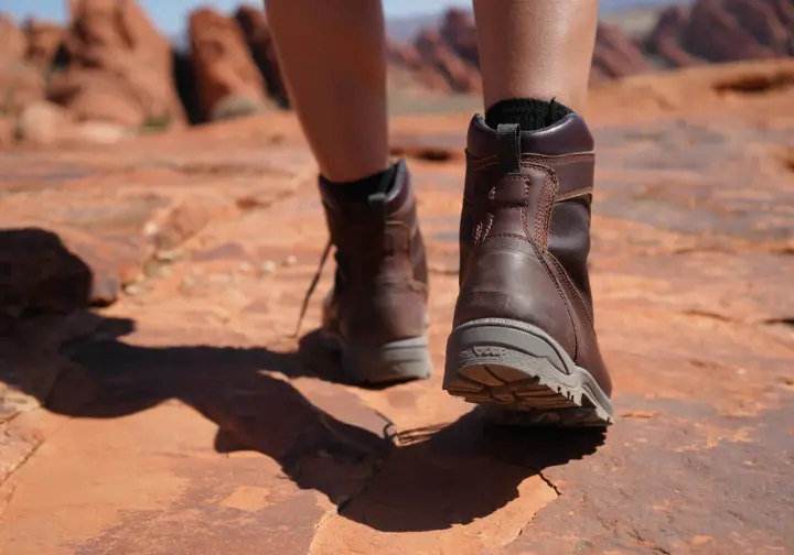 A hiker's boots carefully placed on slickrock, depicting advanced and responsible hiking in Valley of Fire.