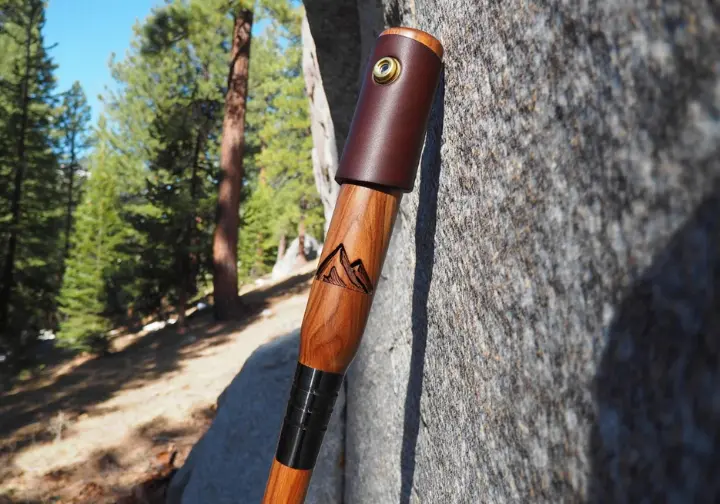 A finished, customized wooden hiking stick leans against a rock in a forest, showcasing its protective finish, grip, and personalized details.