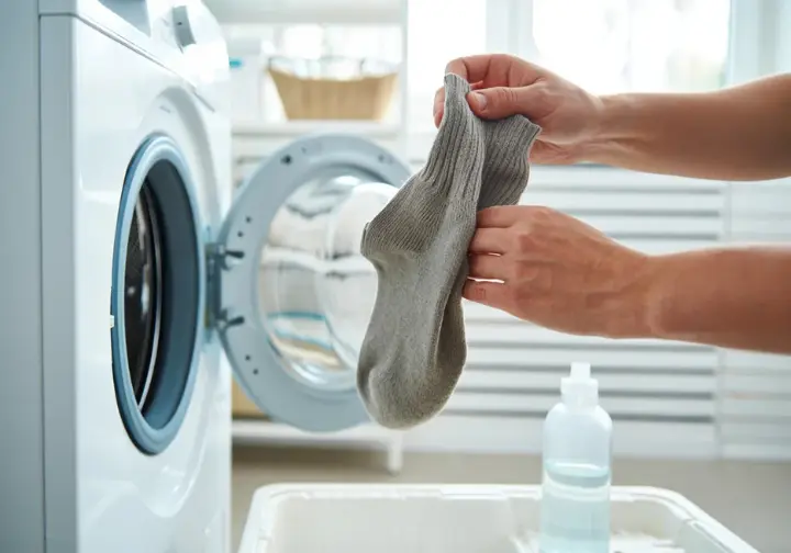 Hands turning a hiking sock inside out next to a washing machine, illustrating proper care to maximize the lifespan of hiking socks.